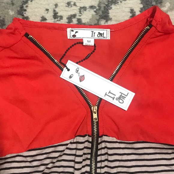 IT GIRL NWT red color block top stripes & zipper - Picture 2 of 2